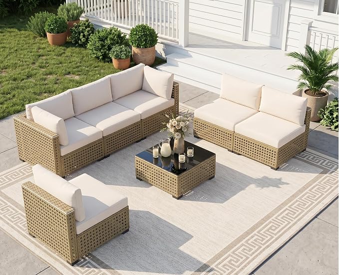 LOUVIXA 7 Piece Outdoor Patio Furniture Set, Outdoor Sectional Sofa, Wicker by LOUVIXA