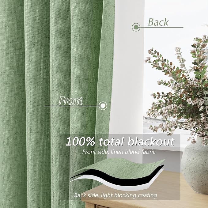 Guken Light Sage 100% Blackout Linen Curtains 72 Inch Length 2 Panels Set - Image 4