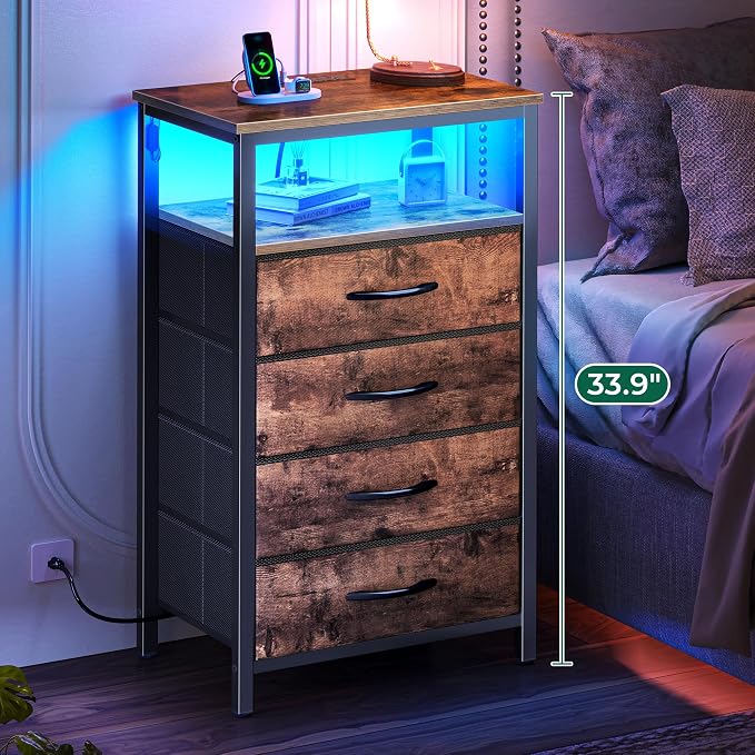 Huuger Night Stand with Charger Station and LED Lights, 4 Drawer Nightstand - Image 4