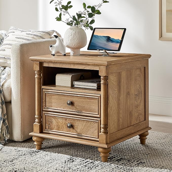 T4TREAM 24'' Farmhouse End Table w/4 Solid Wood Feet, Large 2 Drawers Wide Sofa - Image 6