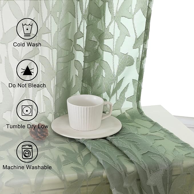 Lecloud Leia 72 Inch Sheer Curtains Sage Green Panels Set of 2, Double Rod - Image 7