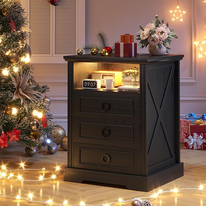 Nightstand Set 2 with Charging Station, Farmhouse End Side Table with 3 Drawers - Image 8