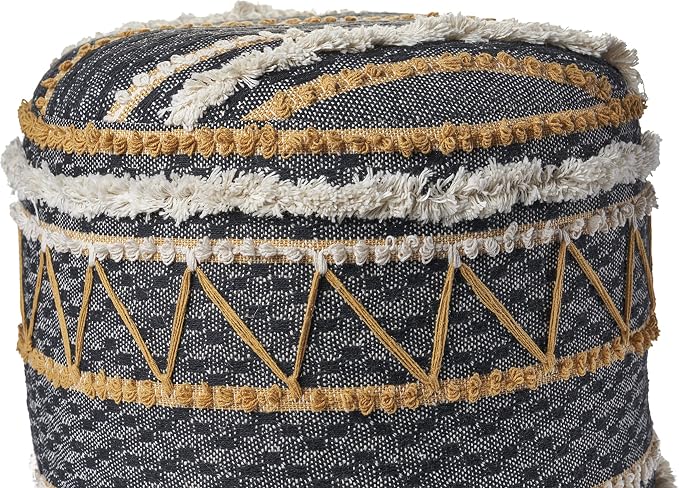 LR Home Black/Tan Coastal Striped Hand-Woven Cotton Ottoman Pouf - Image 2