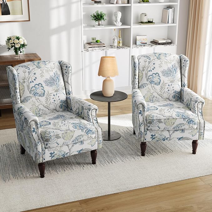 Pia Ricco Set of 2 Floral Accent Chairs, High Back Upholstered Armchairs - Image 8