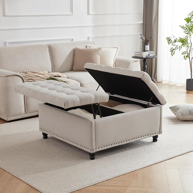 Tbfit Large Square Storage Ottoman Bench, Tufted Upholstered Coffee Table - Image 5