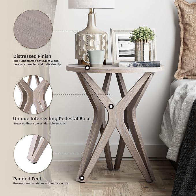 Pedestal Farmhouse End Table Set of 2, Distressed Top - Image 4