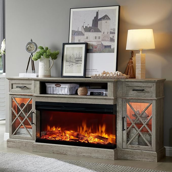 OKD 3-Sided Glass Farmhouse Fireplace TV Stand by OKD