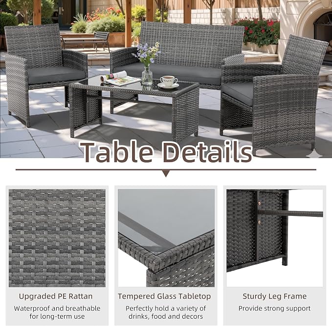 4 Piece Patio Ratten Set Outdoor Furniture Set Wicker Conversation Set - Image 3