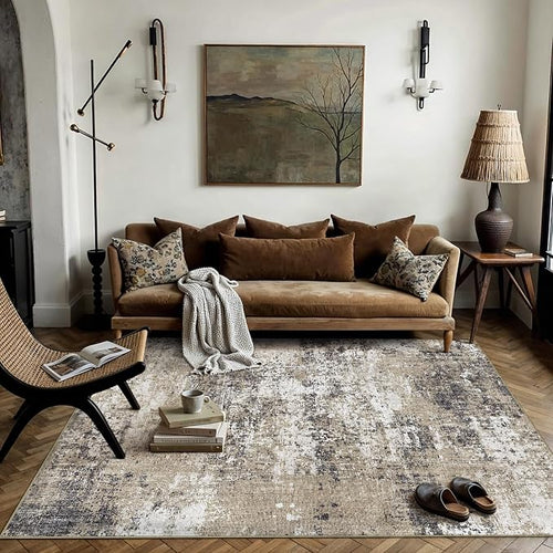 3x5 Abstract Area Rug Brown Washable Modern Neutral Office Carpet Non Slip - Image 2