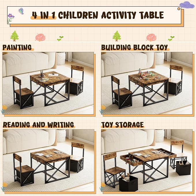 Kids Table and 2 Chairs Set, 4 in 1 Toddler Activity Table and Chairs Set - Image 2