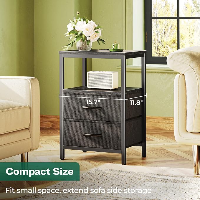 Huuger Nightstand with Charging Station, Side Table with 2 Fabric Drawers - Image 6
