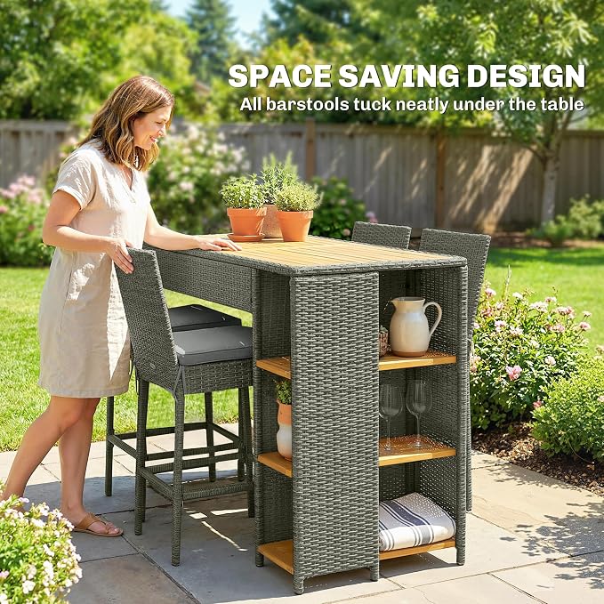 Outsunny 5 Piece Outdoor Bar Set, Wicker Outdoor High Top Table and Chairs - Image 9