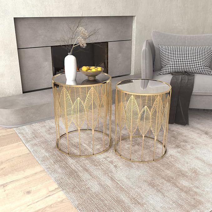 Homebeez Gold Nesting Tables Set of 2, Glam Leaf Design Round End Table - Image 9