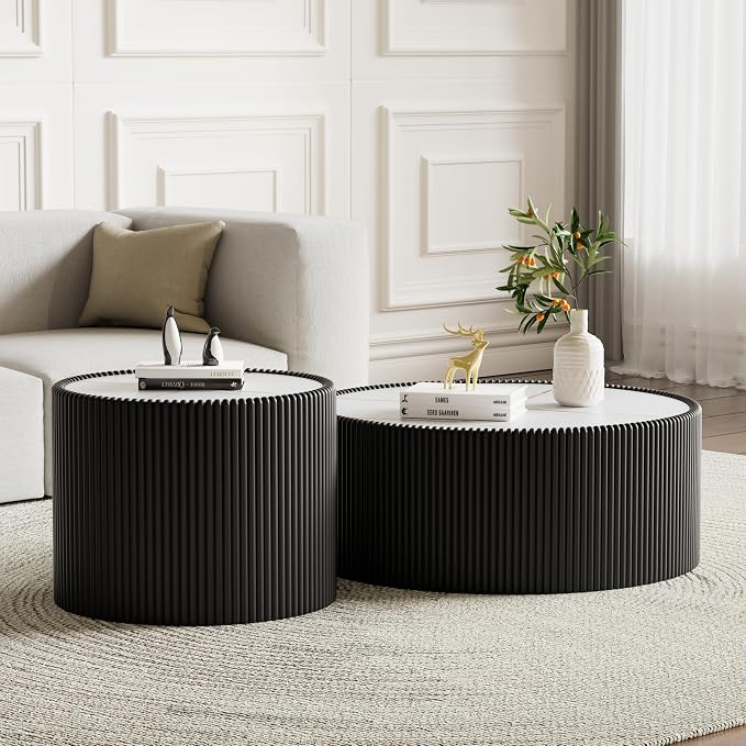 SSLine Round Drum Coffee Table Set of 2 Modern Sintered Stone Top Nesting by SSLine