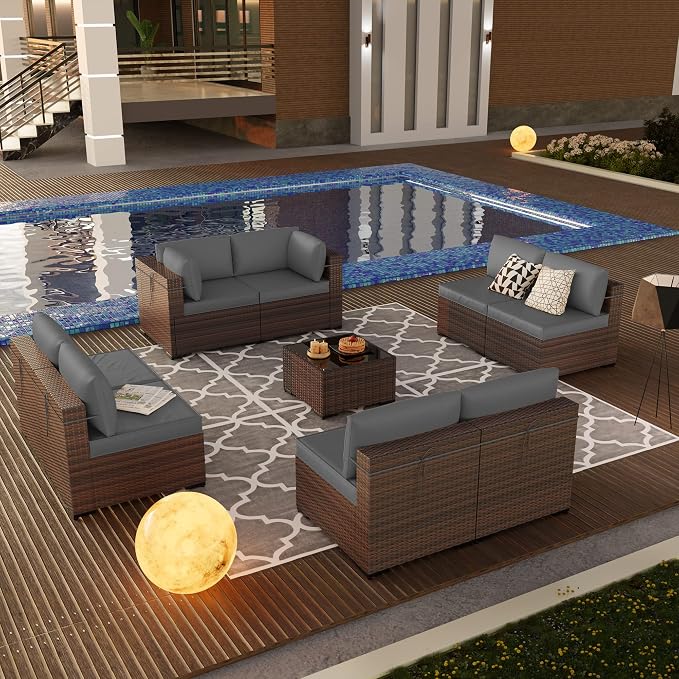 Kullavik 9 Pieces Outdoor Patio Furniture Set, Outdoor Sectional Rattan Sofa - Image 6