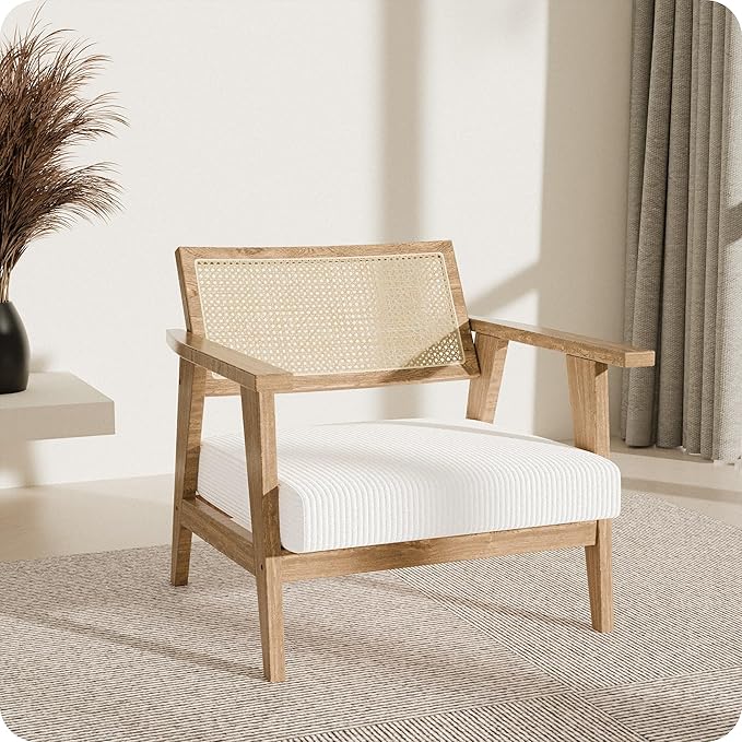 BELLEZE Mid Century Modern Rattan Chair Accent Natural Wood Armchair by BELLEZE