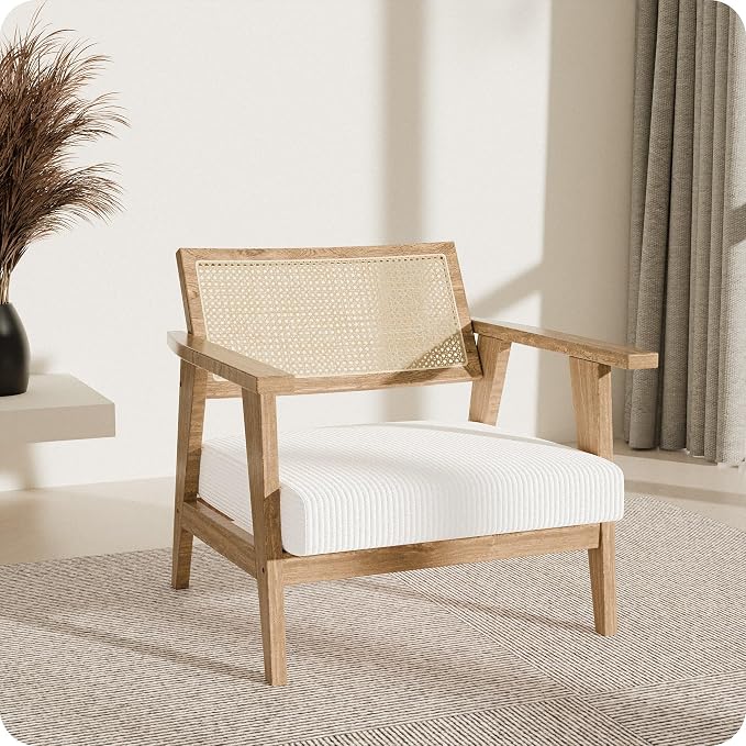 BELLEZE Mid Century Modern Rattan Chair Set of 2 Accent Natural Wood Armchair - Image 2