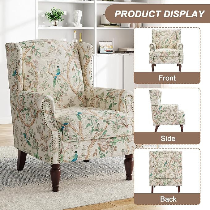 Pia Ricco Set of 2 Floral Accent Chairs, High Back Upholstered Armchairs - Image 3