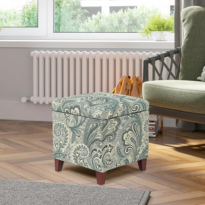 Adeco 18" Cube Storage Ottoman in Blue Paisley, Upholstered Linen Foot Stool & - Image 8