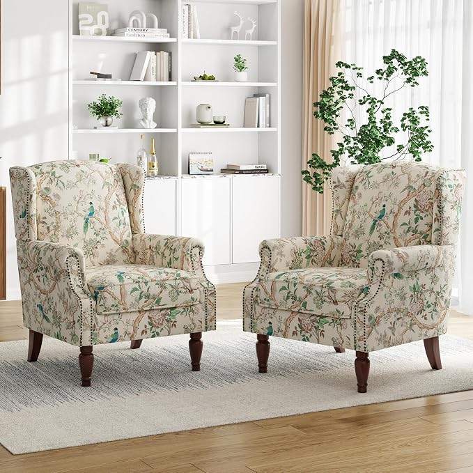 Pia Ricco Set of 2 Floral Accent Chairs, High Back Upholstered Armchairs by PiaRicco