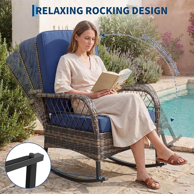GarveeHome 3-Piece Outdoor Rocking Chair Set, Wicker Rattan Patio Furniture - Image 3