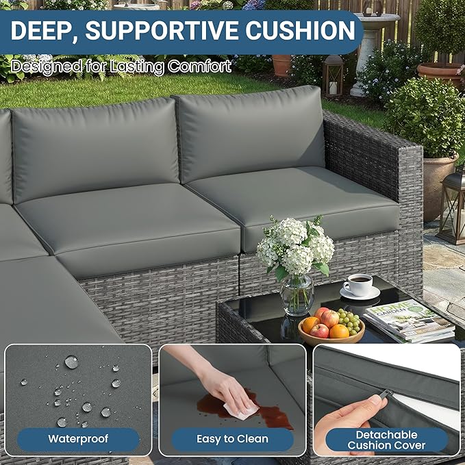 Wisteria Lane 5-Pieces Outdoor Patio Furniture Set, All Weather Wicker Rattan - Image 5