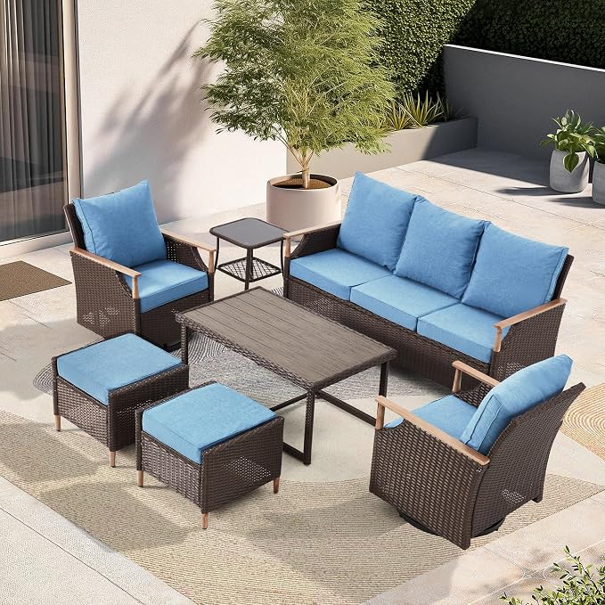 MELLCOM 7 Piece Patio Furniture Set Wicker Patio Conversation Set Rocking by MELLCOM