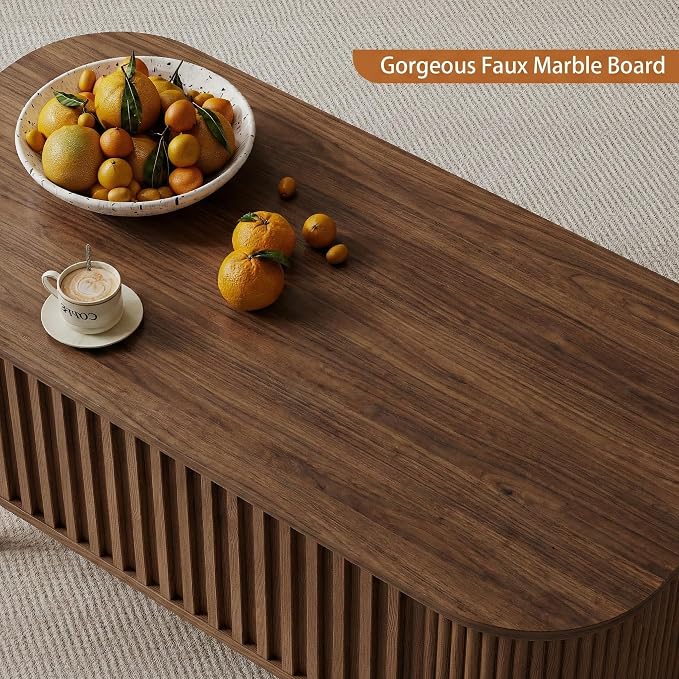 Lift Top Coffee Table with Storage, Faux Marble Top, Wood Fluted Center Table - Image 4