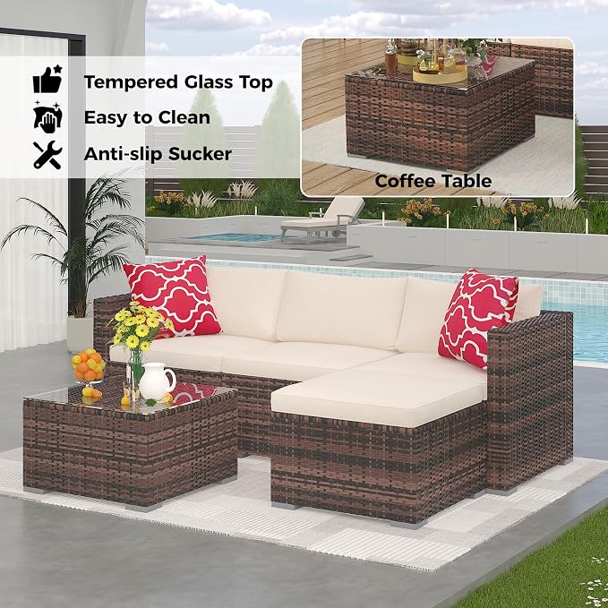 5-Piece L-Shaped Outdoor Patio Furniture Set, PE Wicker Sectional Sofa Set - Image 7