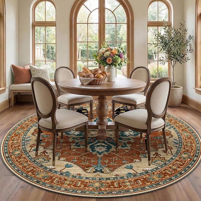 RELEANY Area Rugs Round 7ft Washable Non-Slip, Floral Vintage Distress Print by RELEANY