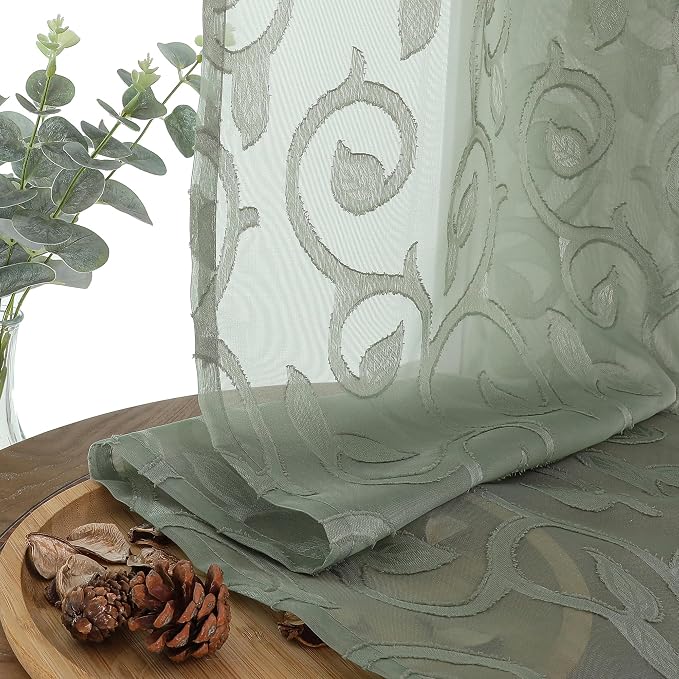 OWENIE Furman Sage Green Sheer Curtains 45 Inch Length 2 Panels Set - Image 3