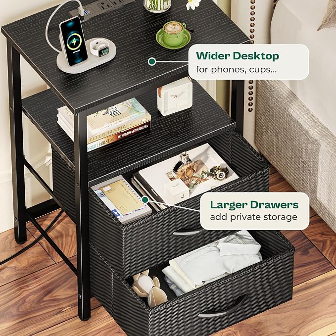 Huuger Night Stand with Charger Station and LED Lights, 2 Drawer Nightstand - Image 7
