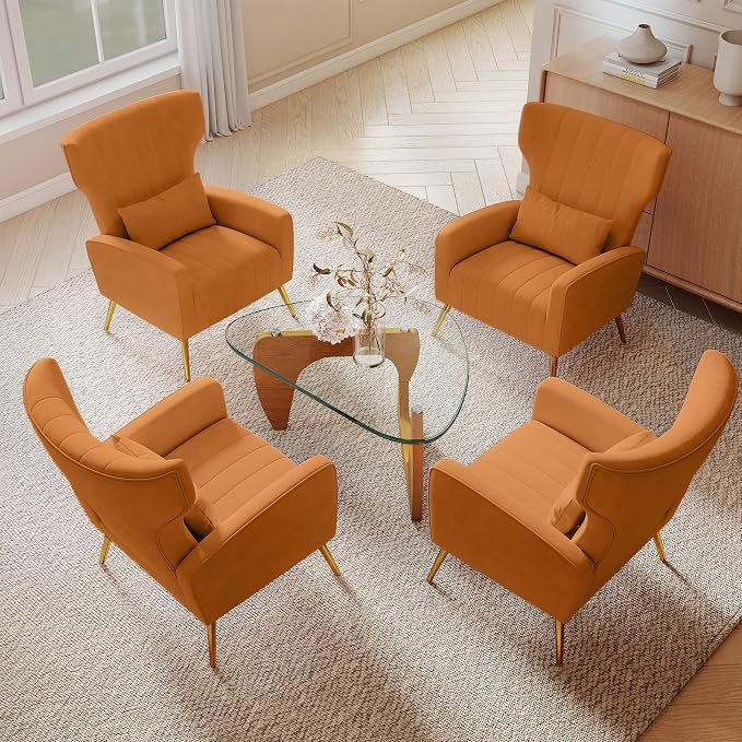 Nebuaegis Orange Velvet Accent Chair Set of 4, Wingback Chair by Nebuaegis