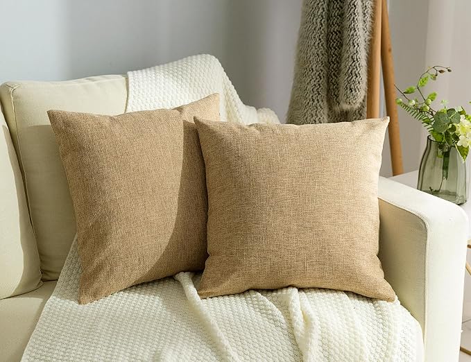 Stellhome Set of 2 Decorative Linen Throw Pillow Covers Square Farmhouse Burlap by Stellhome