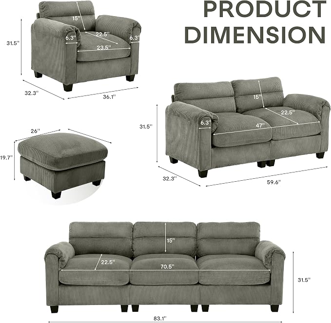 HAOMARKETS Corduroy Sofa Set, Upholstered Ottoman, and 3-Seater Couch - Image 2