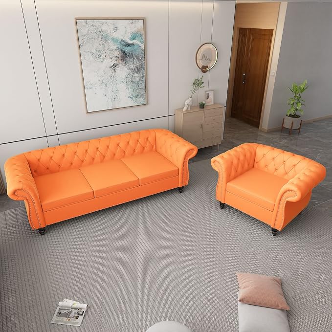 ORRD 2 Piece Living Room Set, Velvet Chesterfield Sofa Couch Chair - Image 8