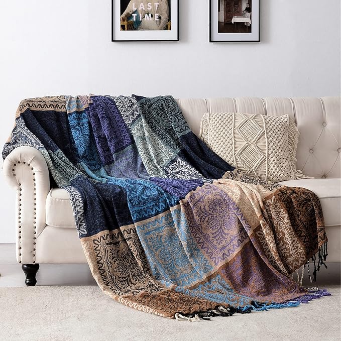 Boho Chair Cover Colorful Chenille Tassels Hippie Throw Blanket - Image 4