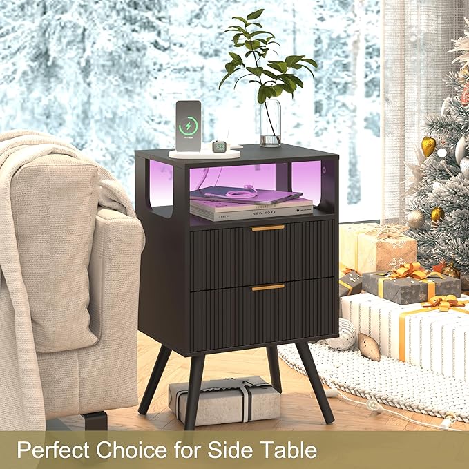 JOONEE Black Nightstand with Charging Station and LED Lights, Modern Bedside - Image 7