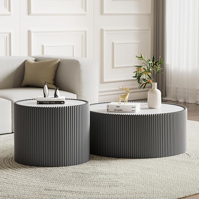Round Marble Coffee Table Set of 2, 2 Piece White Coffee Table and End Table Set by Henf