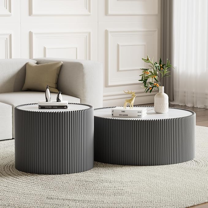 SSLine Round Drum Coffee Table Set of 2 Modern Sintered Stone Top Nesting by SSLine