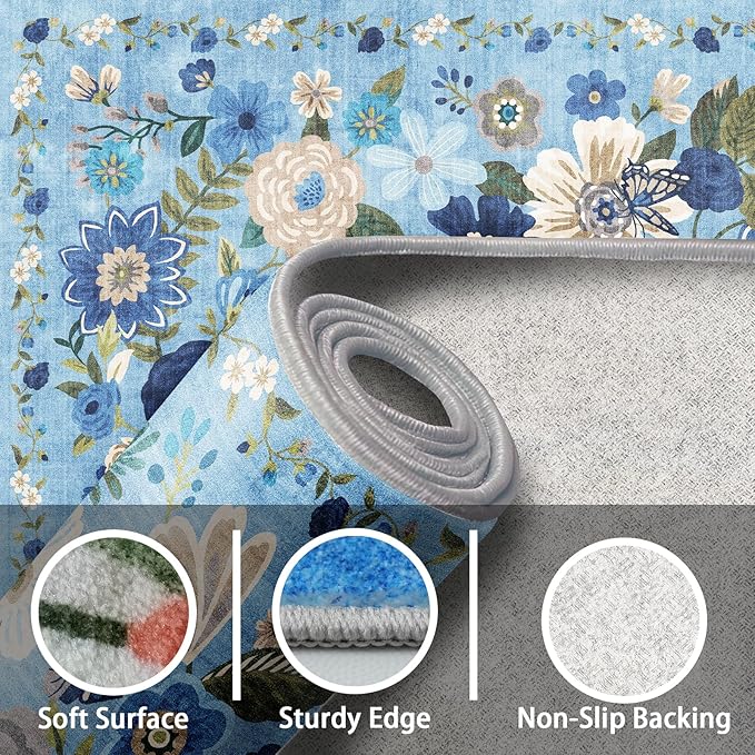 Area Rug 4x6 Rug Washable Boho Rugs Non Slip Low Pile Floral Small Carpet - Image 3