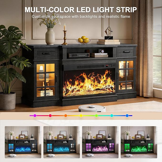 MXV 70" Fireplace TV Stand, 3-Sided Glass Fireplace and Modern Entertainment - Image 3