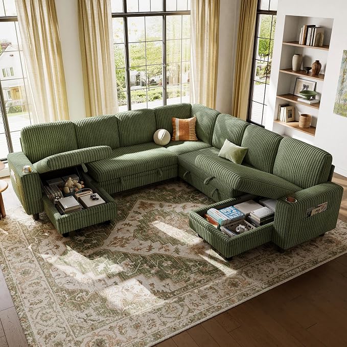 LINSY HOME Sectional Sofa with Pull Out Bed, 7 Seats Corduroy Reversible by LINSYHOME