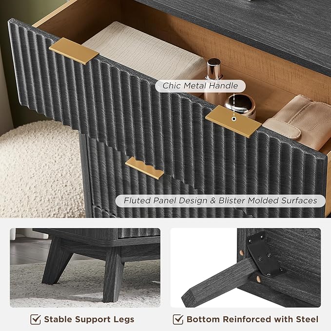 T4TREAM Fluted 5 Drawers Dresser, Curved Profile Design, Wood Drawer Organizer - Image 6