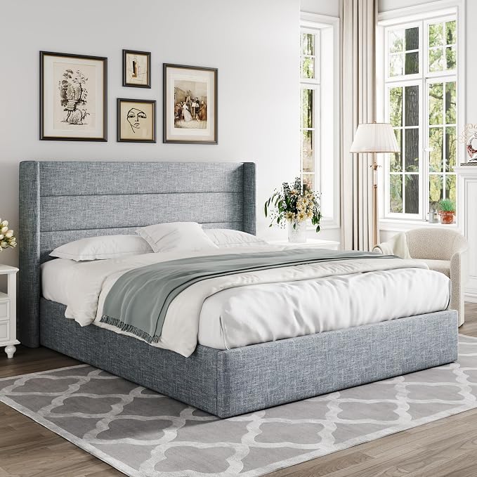 Allewie Queen Size Lift Up Storage Bed, Modern Wingback Headboard, Hydraulic - Image 8