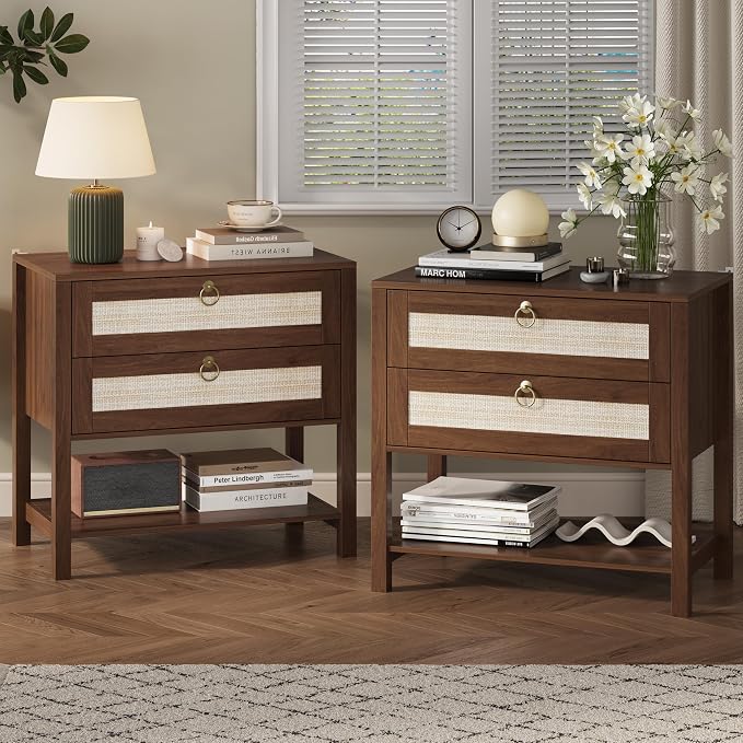 Xixini Nightstand Set of 2, Rattan Boho Bedside Table by Xixini