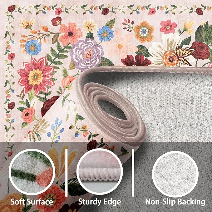 Pink/Beige Floral Rug for Entryway, 2X3 Washable Kitchen Mat Ultra-Thin Soft - Image 2