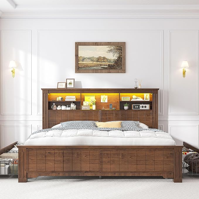 EnHomee Queen Bed Frame with Headboard and Storage, 4 Drawers and LED Built in - Image 3