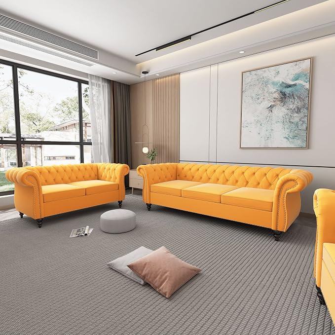 ORRD 2 Piece Living Room Set, Velvet Chesterfield Sofa Loveseat Couch by ORRD