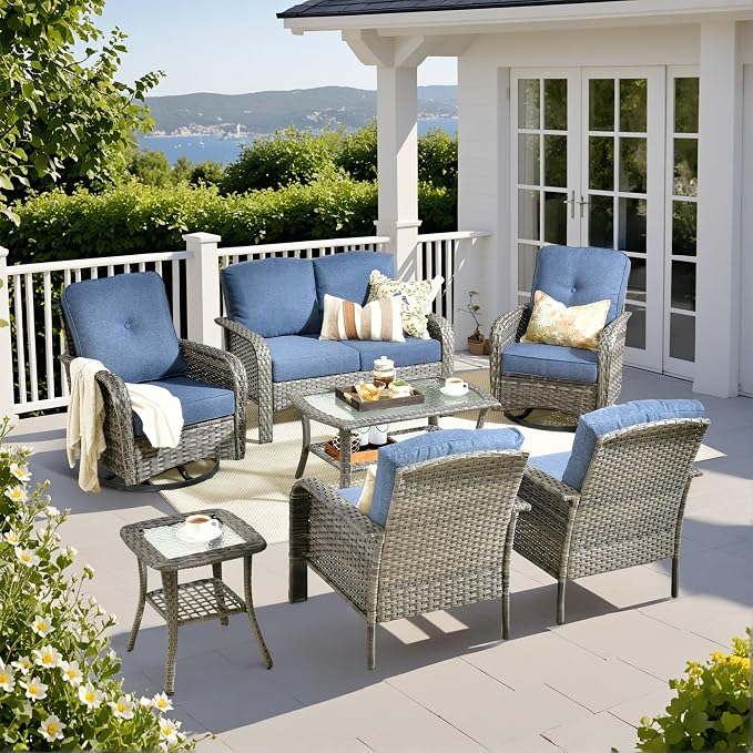 Weaxty 7 Pieces Patio Furniture Set, Wicker Outdoor Swivel Rocking Chairs by Eco-ChicLivingBeautifullyAffordable